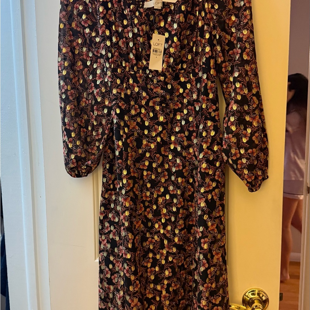 LOFT Long Sleeve Floral Dress - Black and Pink